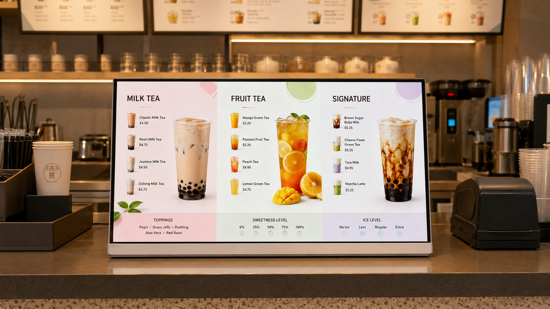 layar menu cafe custom untuk cabang toko di cabang toko, untuk kebutuhan toko minuman Indonesia - NEOX
