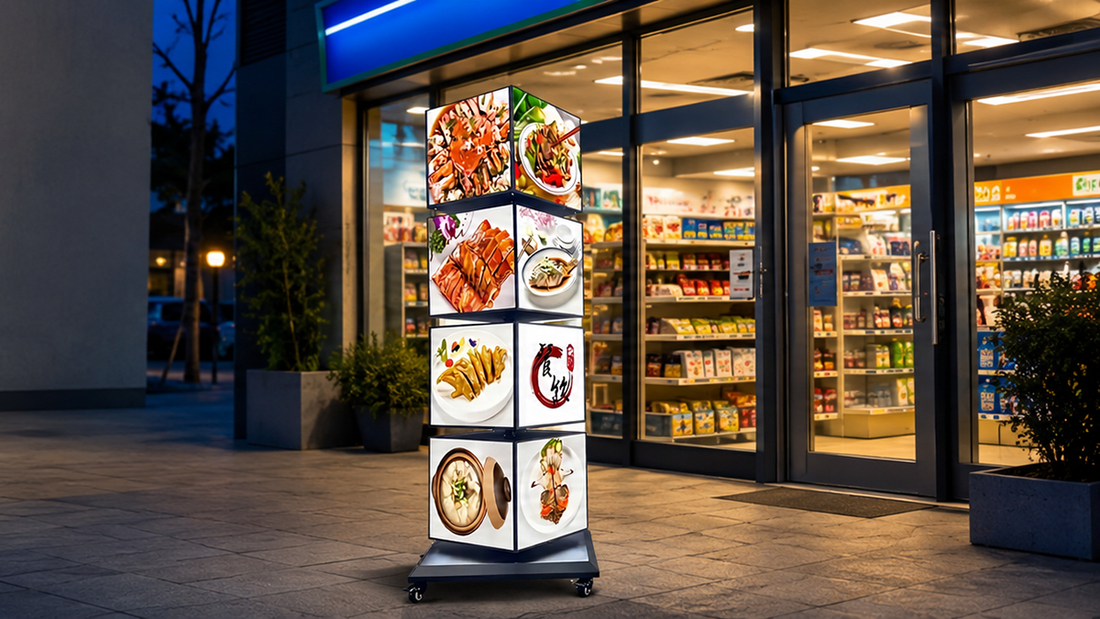 light box putar berdiri tampilan premium untuk promosi toko di area ramai, untuk kebutuhan mall Indonesia - NEOX