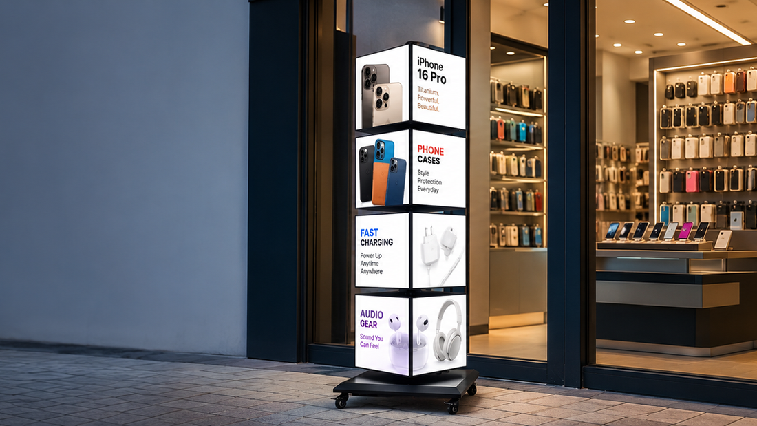 light box putar berdiri versi premium untuk display poster berganti di area ramai, untuk kebutuhan toko retail Indonesia - NEOX