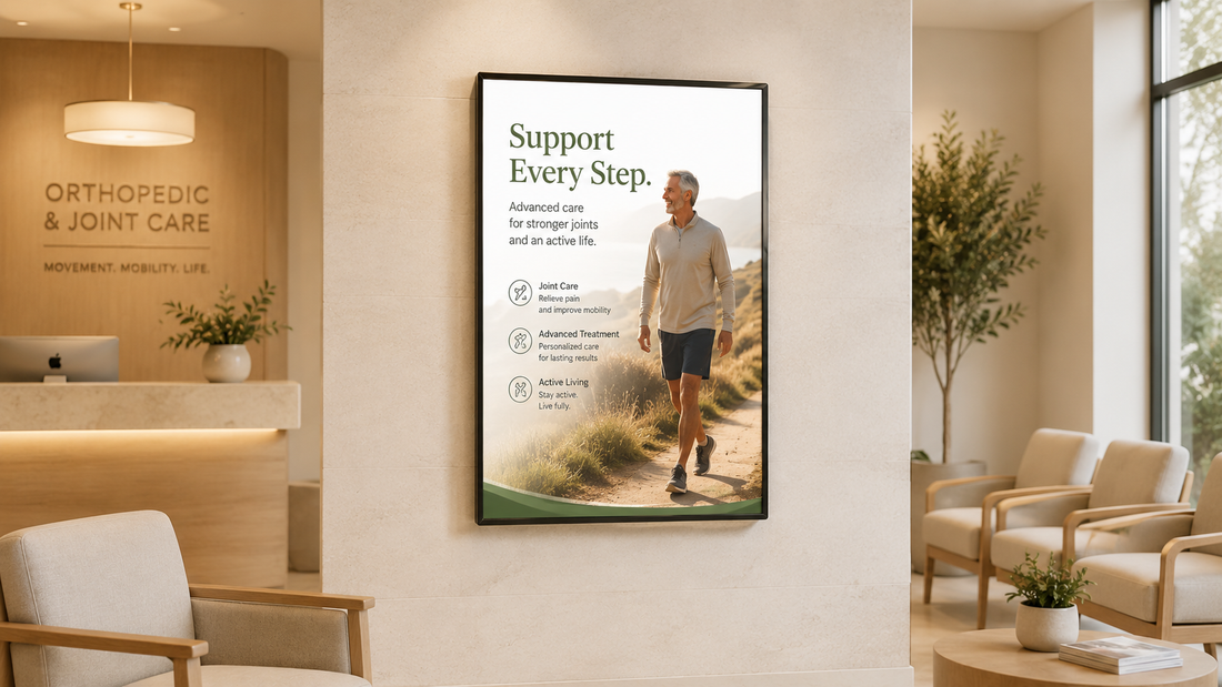 bingkai poster kaca tempered custom untuk display layanan di ruang tunggu klinik, untuk kebutuhan ruang tunggu Indonesia - NEOX