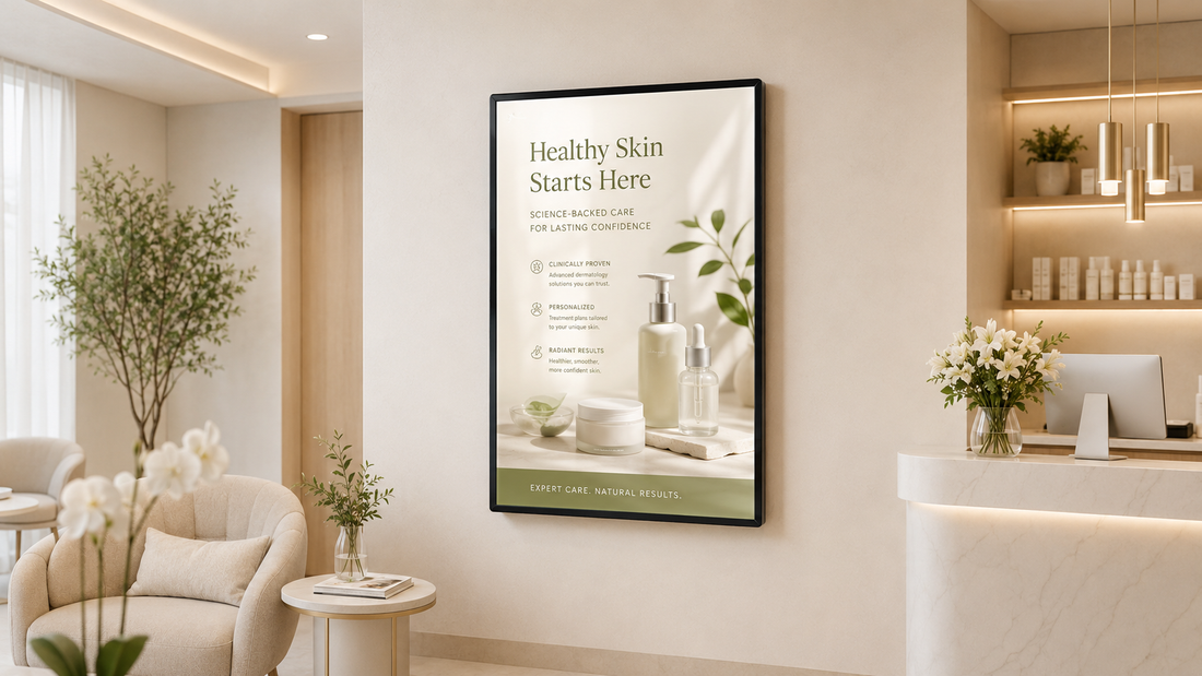 bingkai poster kaca tempered custom untuk klinik di ruang tunggu klinik, untuk kebutuhan klinik kecantikan Indonesia - NEOX