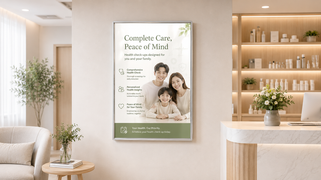 bingkai poster kaca tempered ukuran custom untuk kantor di ruang tunggu klinik, untuk kebutuhan klinik kecantikan Indonesia - NEOX