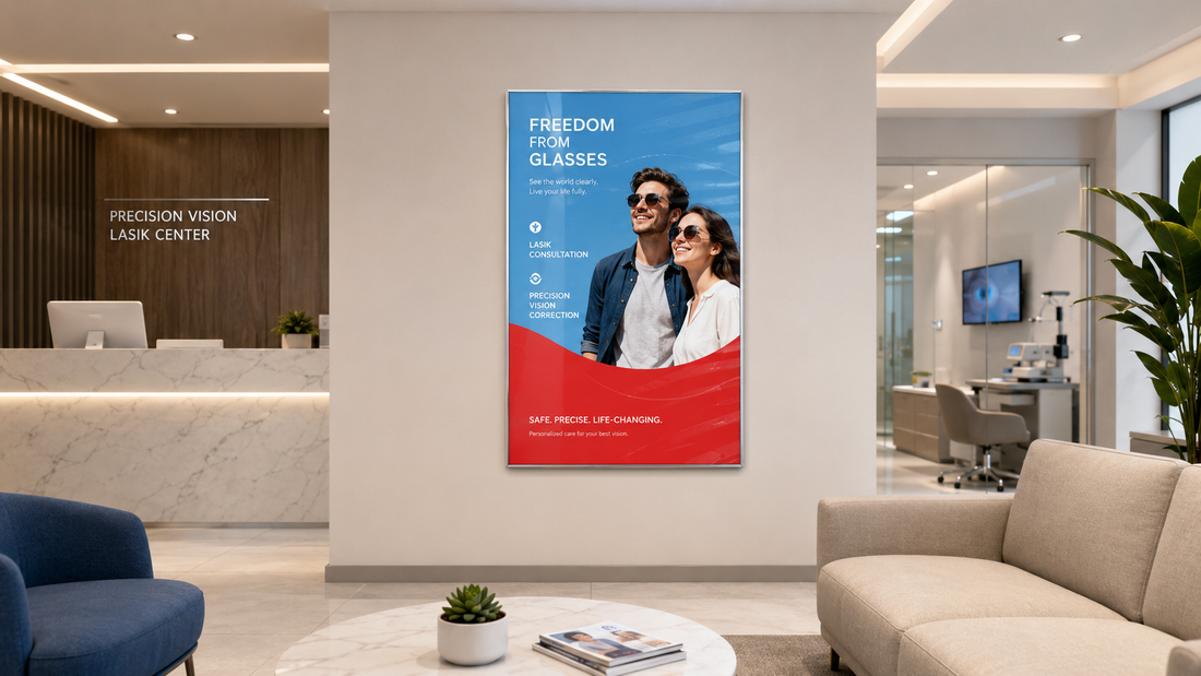 bingkai poster kaca ukuran custom untuk display layanan di ruang tunggu klinik, untuk kebutuhan klinik kecantikan Indonesia - NEOX