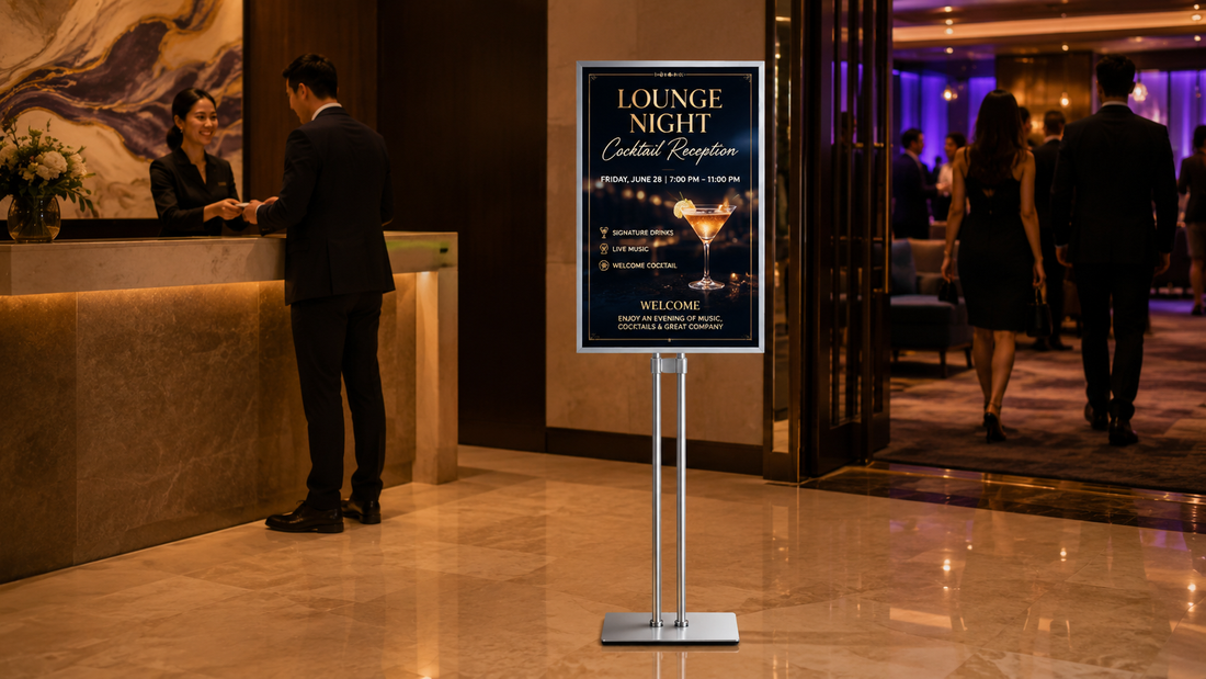 poster stand berdiri custom untuk lobby hotel di area registrasi event, untuk kebutuhan ruang resepsionis Indonesia - NEOX