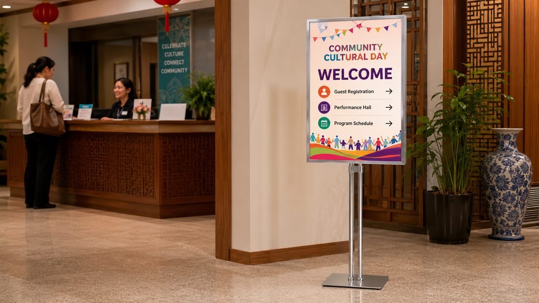 poster stand berdiri desain modern untuk event dan pameran di area registrasi event, untuk kebutuhan showroom Indonesia - NEOX