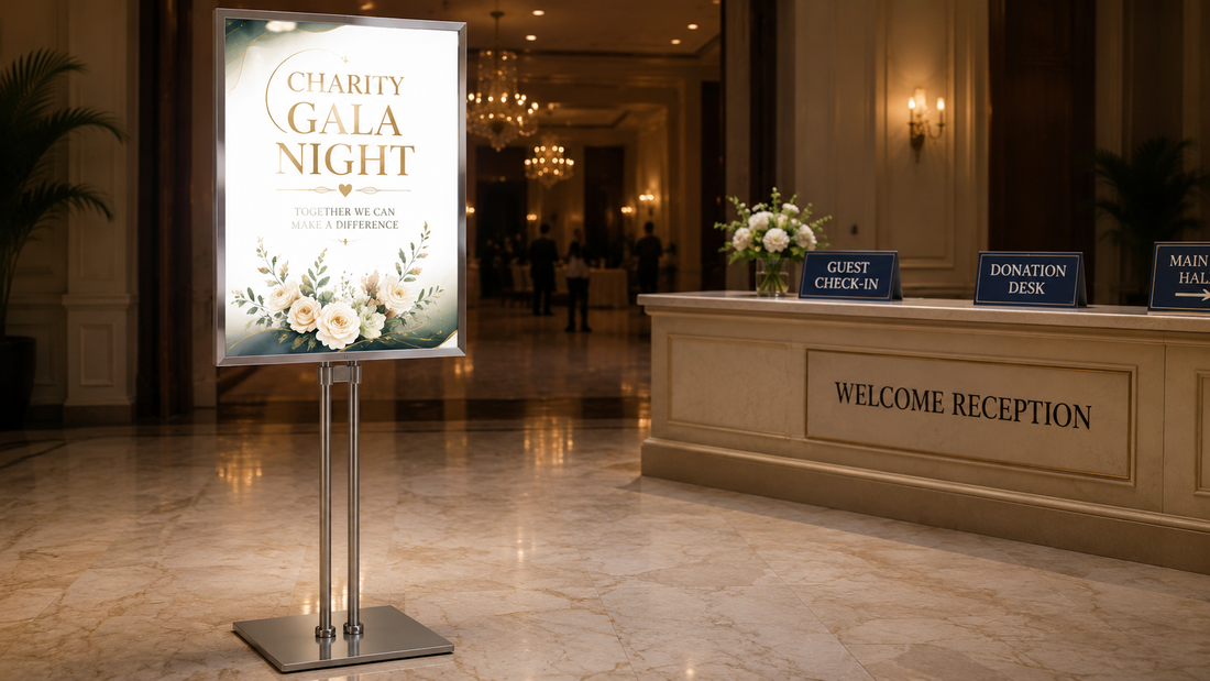 poster stand berdiri model indoor untuk lobby hotel di area registrasi event, untuk kebutuhan showroom Indonesia - NEOX