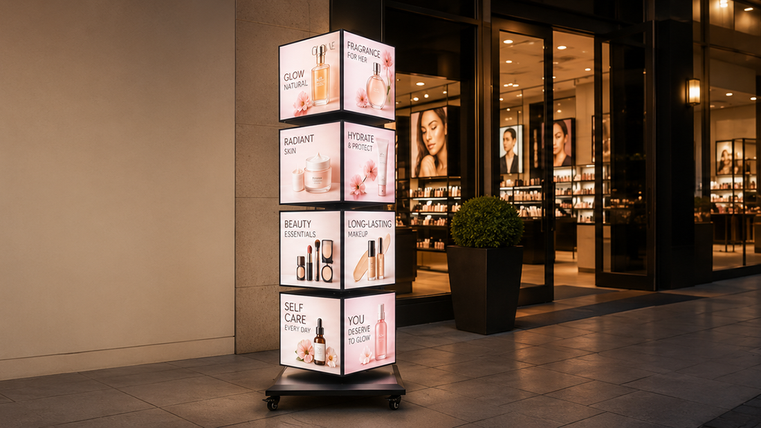 rotating light box custom untuk promosi toko di area ramai, untuk kebutuhan toko retail Indonesia - NEOX