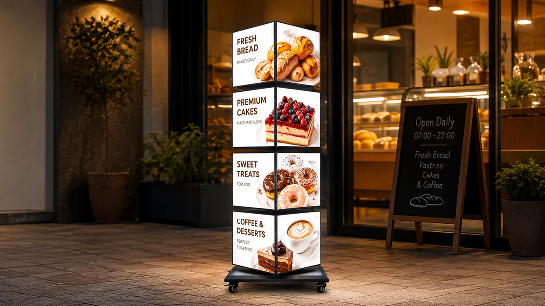 rotating light box desain modern untuk promosi toko di area ramai, untuk kebutuhan mall Indonesia - NEOX
