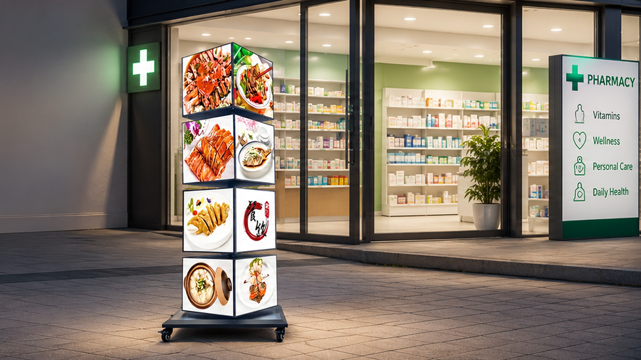 standing light box putar model indoor untuk promosi toko di area ramai, untuk kebutuhan mall Indonesia - NEOX