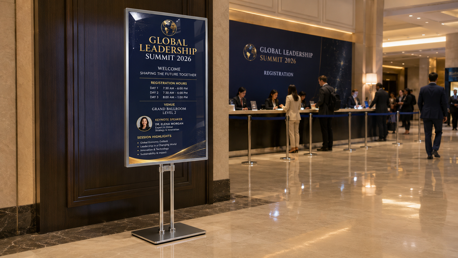 standing Bingkai Poster desain modern untuk lobby hotel di area registrasi event, untuk kebutuhan ruang resepsionis Indonesia - NEOX
